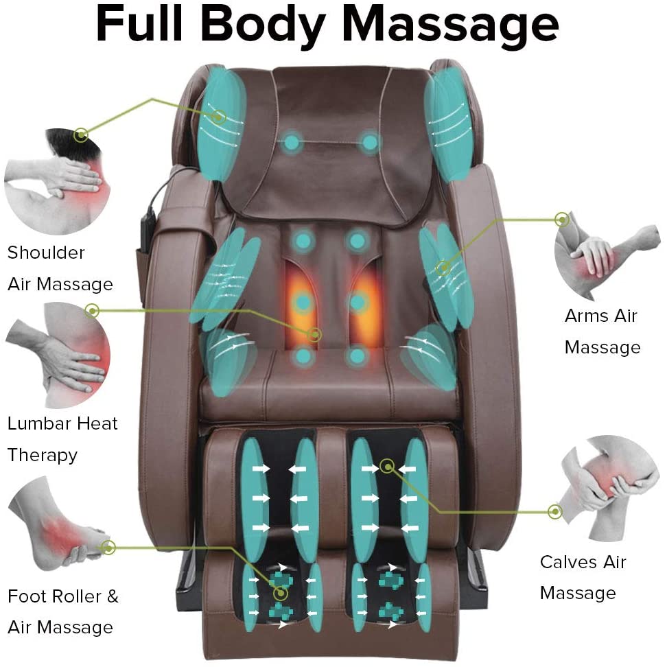 MM350 Massage Chair Recliner with Zero Gravity, Full Body Air Pressure, Heat and Foot Roller Included, Brown