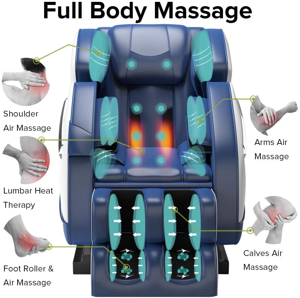 MM350 Massage Chair Recliner with Zero Gravity, Full Body Air Pressure, Heat and Foot Roller Included, Blue