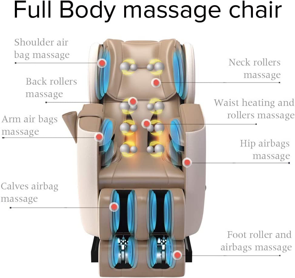 Shiatsu Full Body Electric Massage Chair Built-in Bluetooth for Shoulders, Arms, Back, Waist, Buttocks, Legs and Feet  Khaki